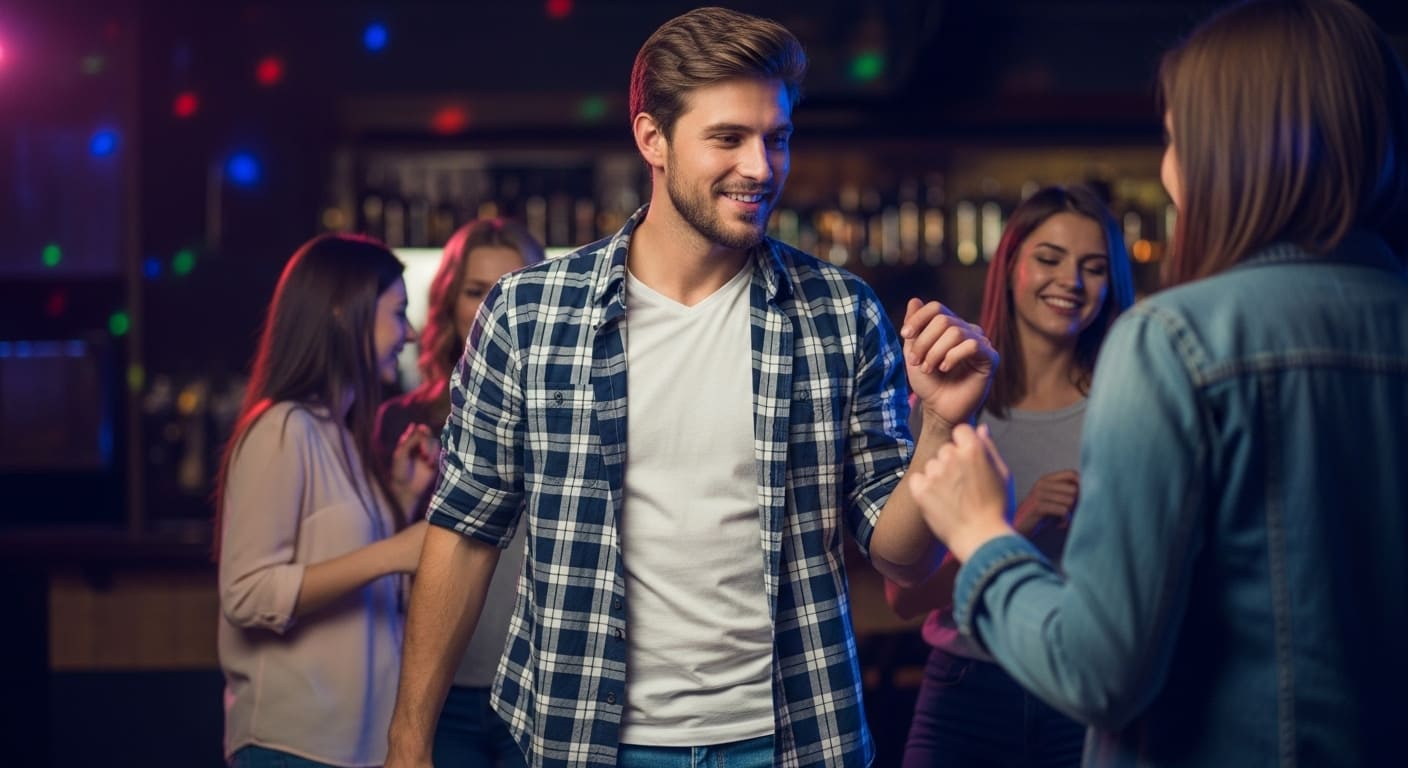 Avery dancing at cheap entry dance venues in Nashville with colorful club lights and party hotspots vibes