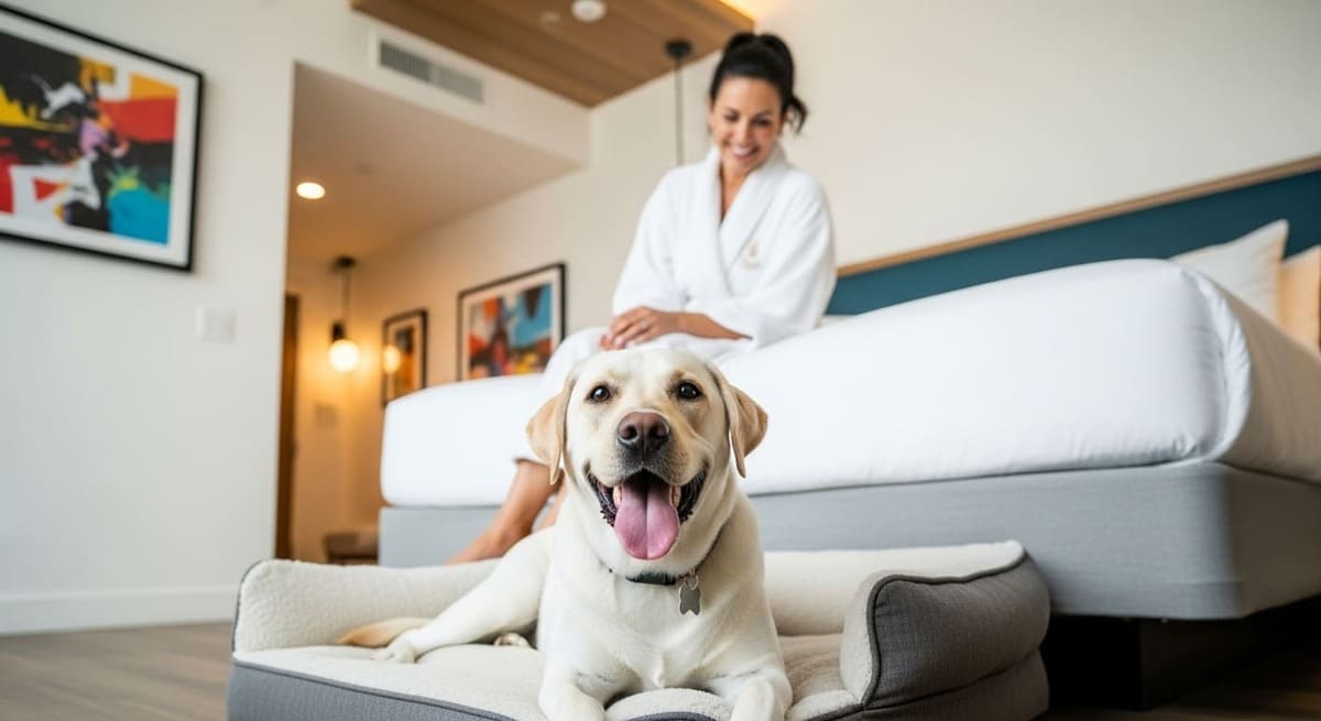 Labrador lying on dog bed in pet-friendly Nashville hotel room with woman in bathrobe on bed background
