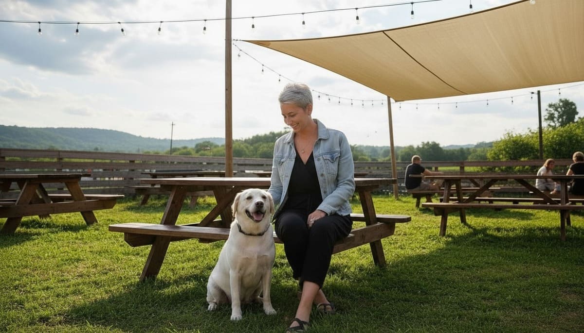 Clara and Luna enjoying outdoor patio at pet-friendly Nashville restaurant with scenic mountain views and shade
