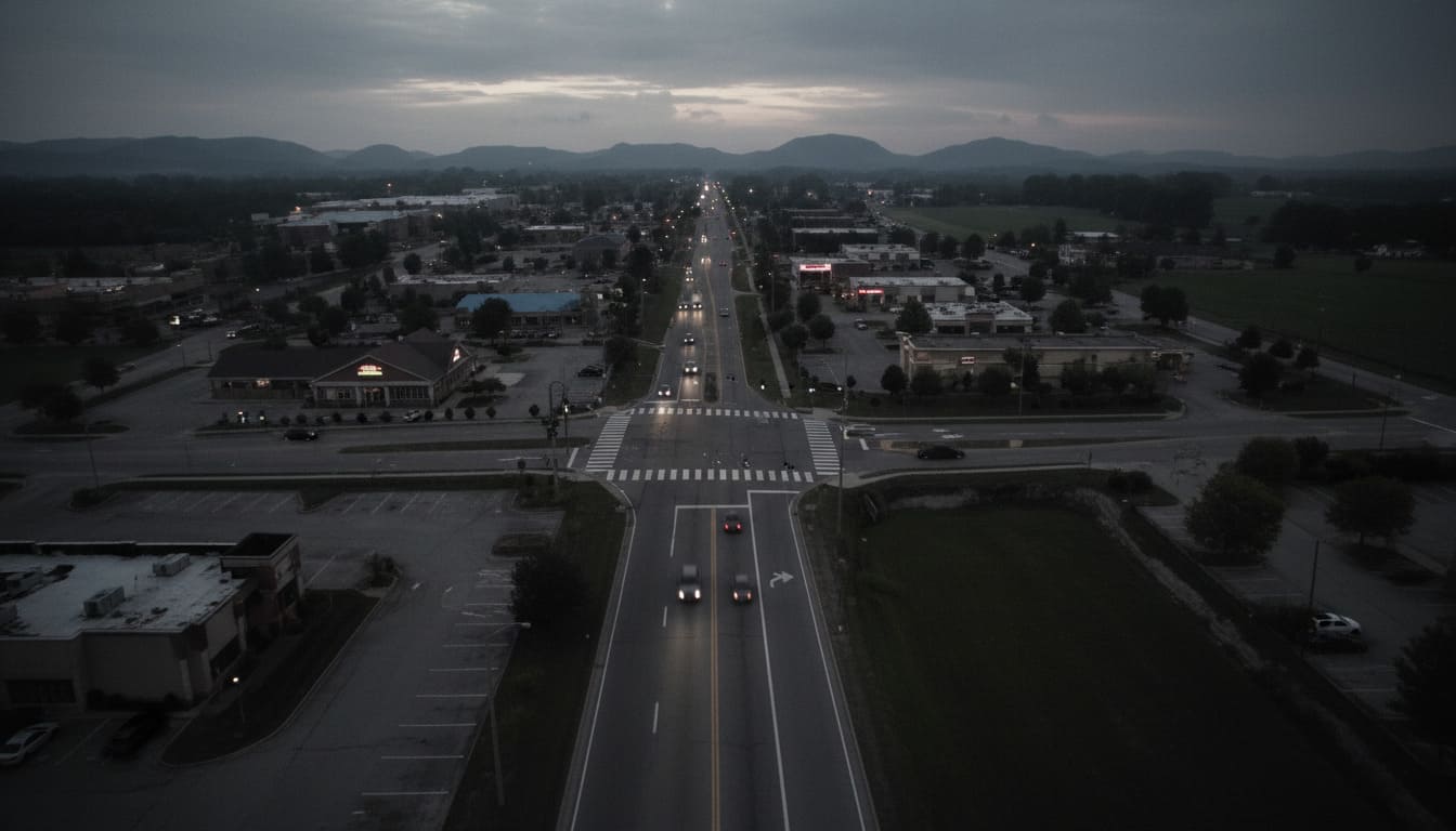 Spring Hill main highway at dusk with shops and mountains in Nashville suburbs with easy access