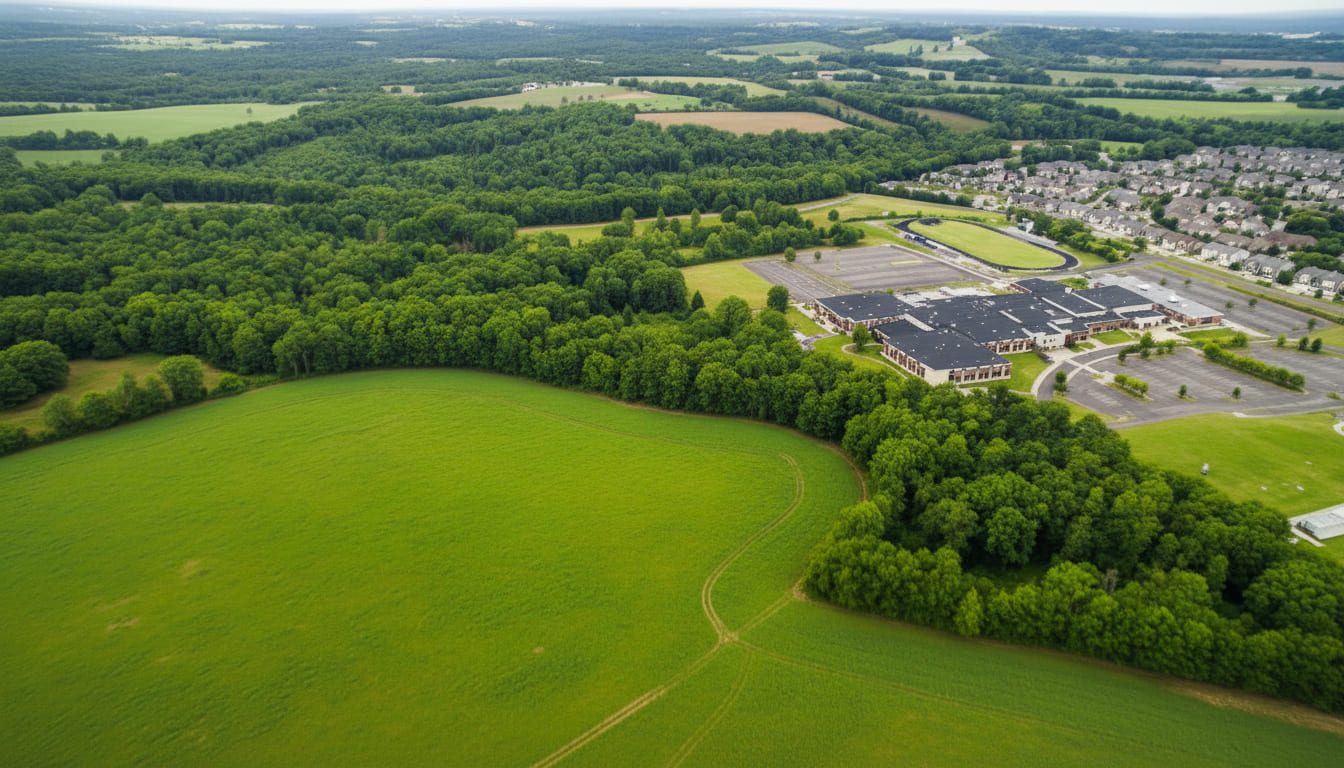 Thompson's Station aerial view with green farmland commercial buildings and new homes in affordable suburbs near Nashville Tennessee