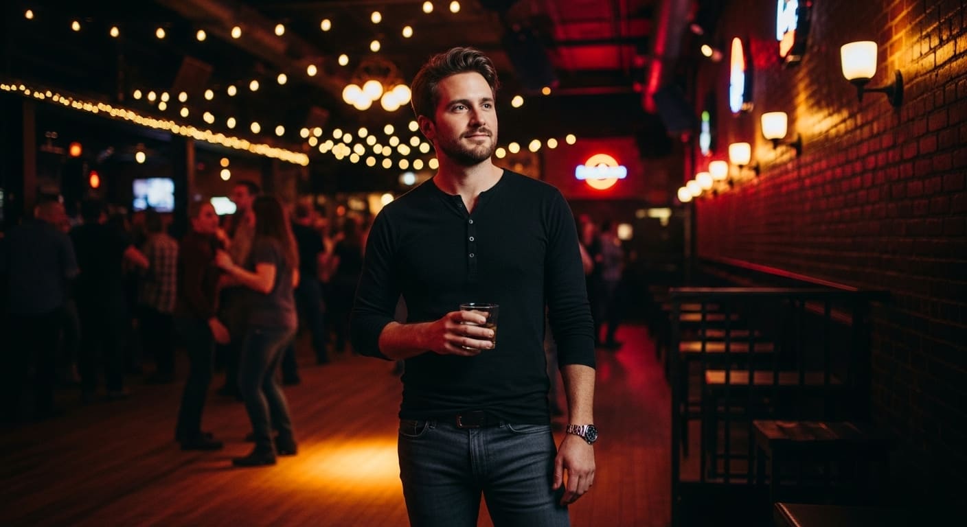 Avery laughs with friends at rooftop bar in Nashville during golden hour enjoying outdoor dancing venue vibes