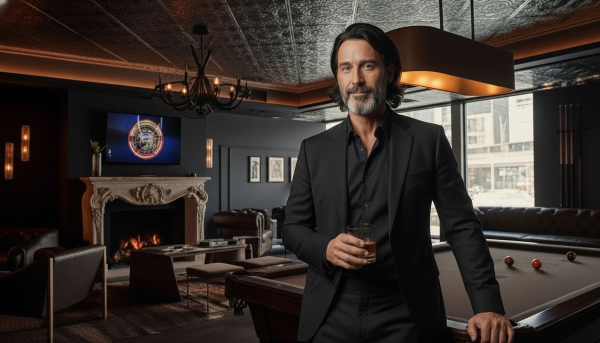 Ethan with whiskey near fireplace at upscale bars with pool tables Nashville at Friends In Low Places lounge