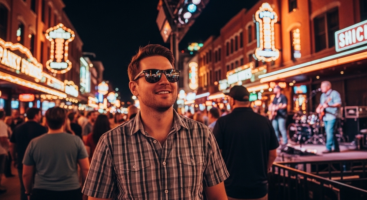 Happy me exploring Nashville Broadway nightlife wearing sunglasses under bright honky tonk neon signs at night