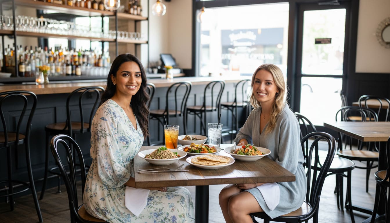 Two friends share gluten-free restaurants in Nashville Tennessee meals with fresh juices at bright modern eatery