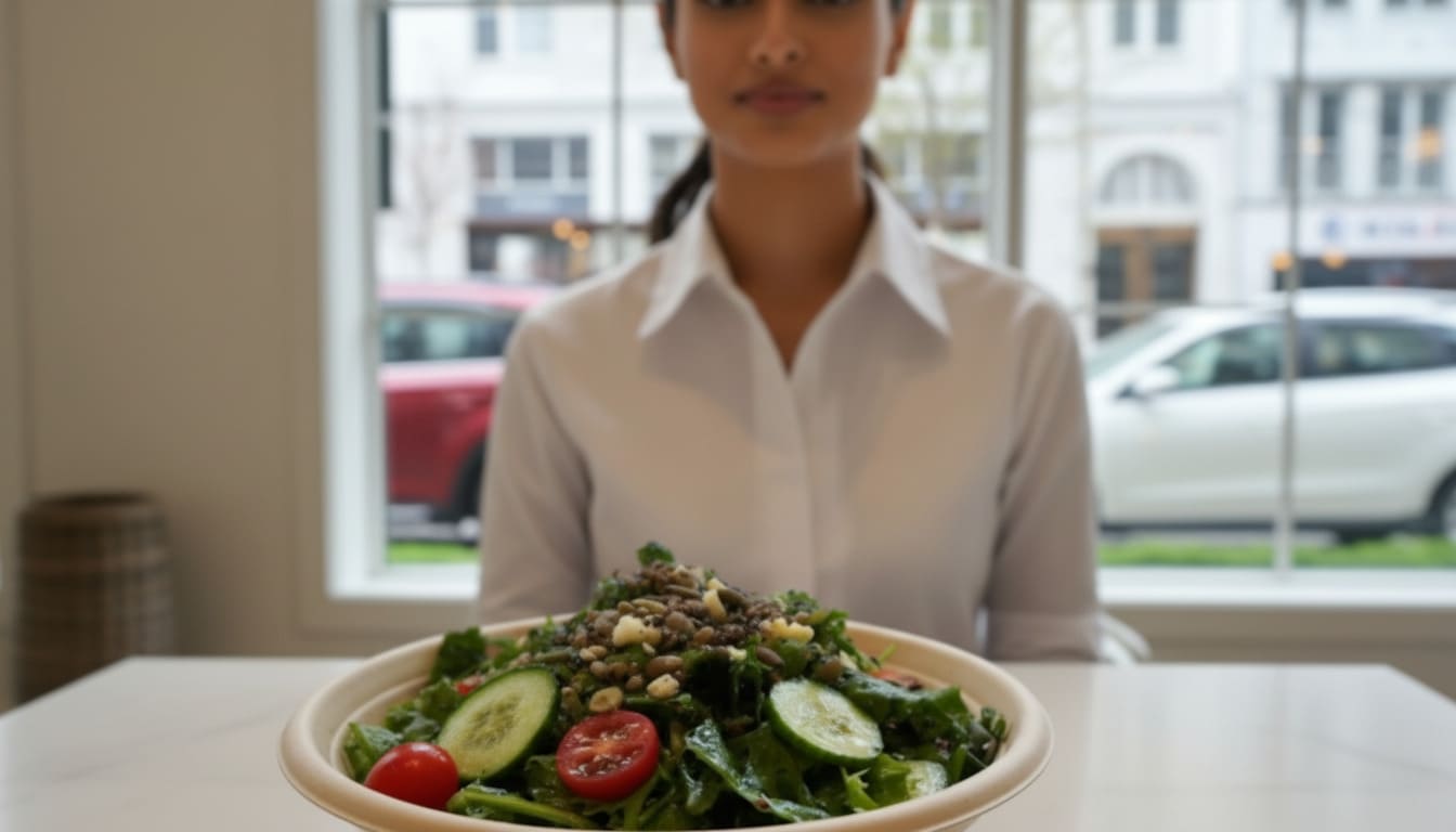 Bright sunlight illuminates Priyaβs lentil salad at healthy food at Greenery Co, highlighting fresh, nutrient-rich ingredients.