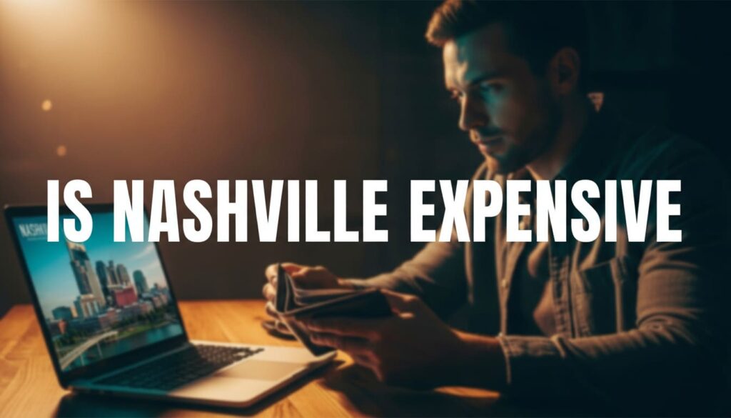 Traveler researching is Nashville expensive to visit on laptop calculating trip costs and budget breakdown planning
