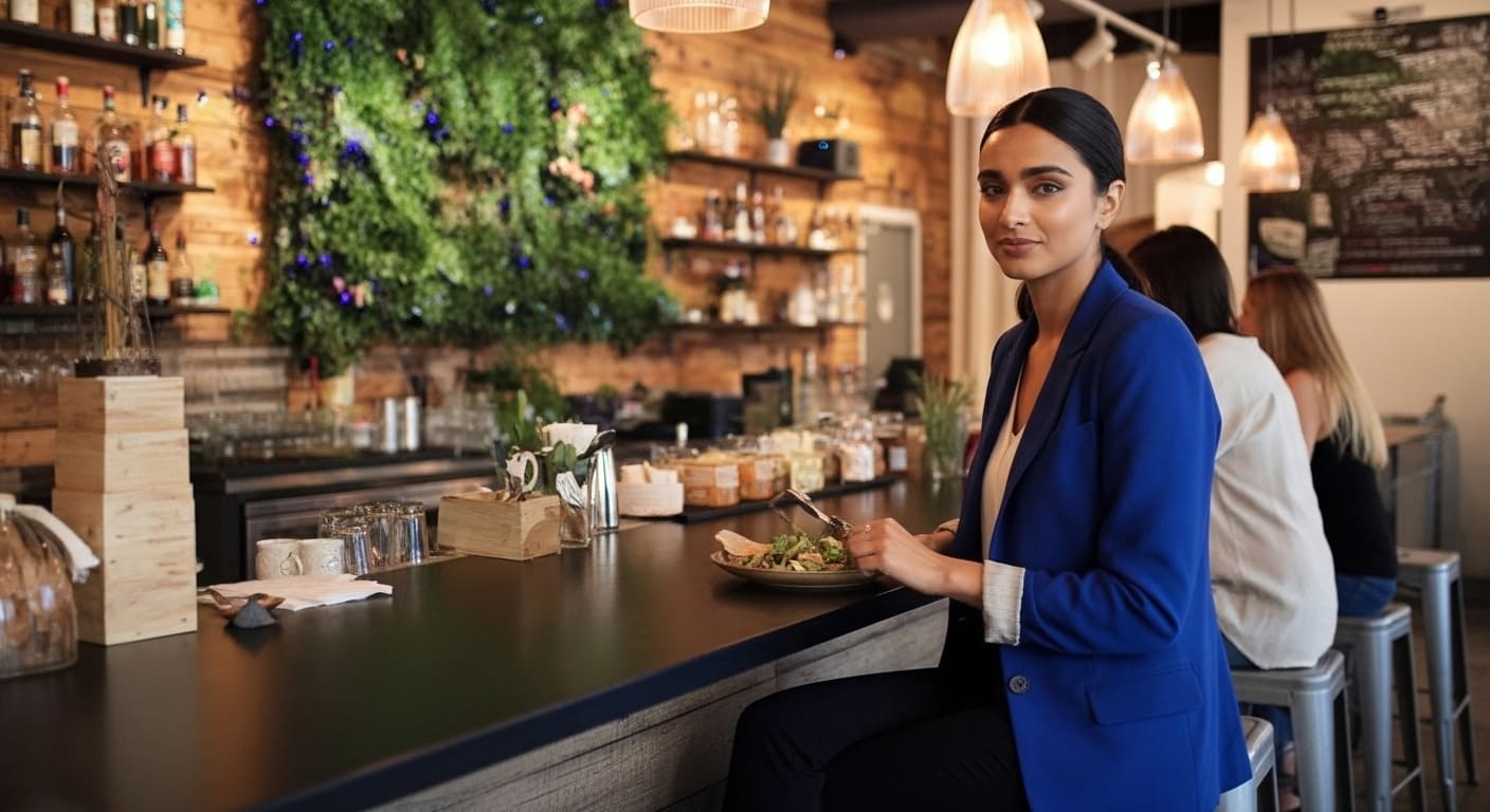 Woman enjoys plant-based restaurant in Nashville featuring fresh Buddha bowl with colorful greens and natural decor