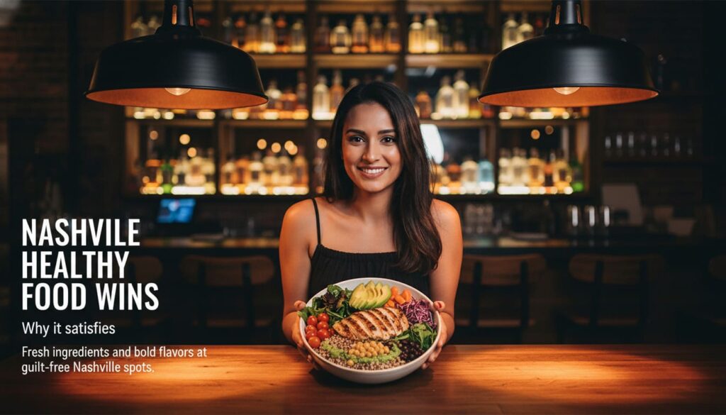 Priya showcases healthy food in Nashville through a bowl of grilled chicken glowing under pendant lights