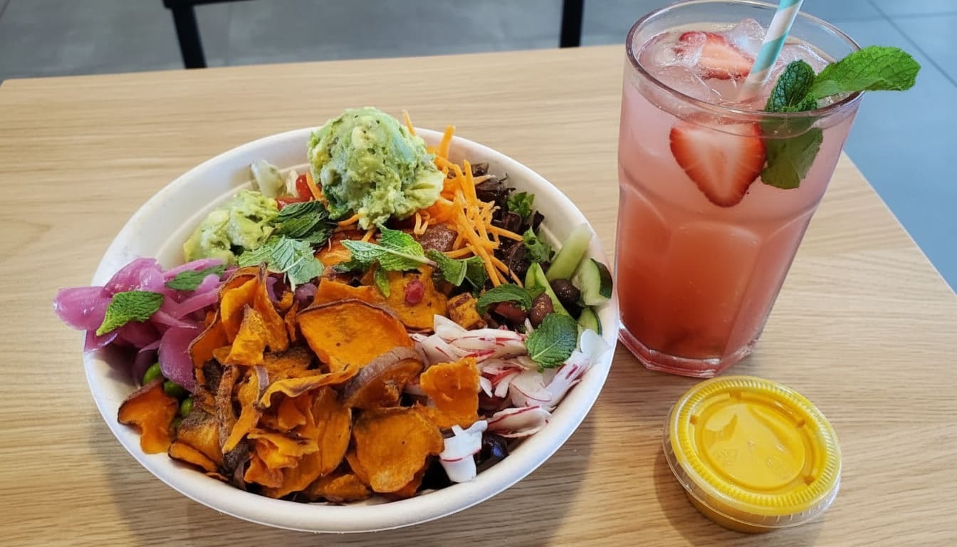 Radish Kitchen among top of the names for healthy food options around Nashville serves colorful bowl with sweet potato chips
