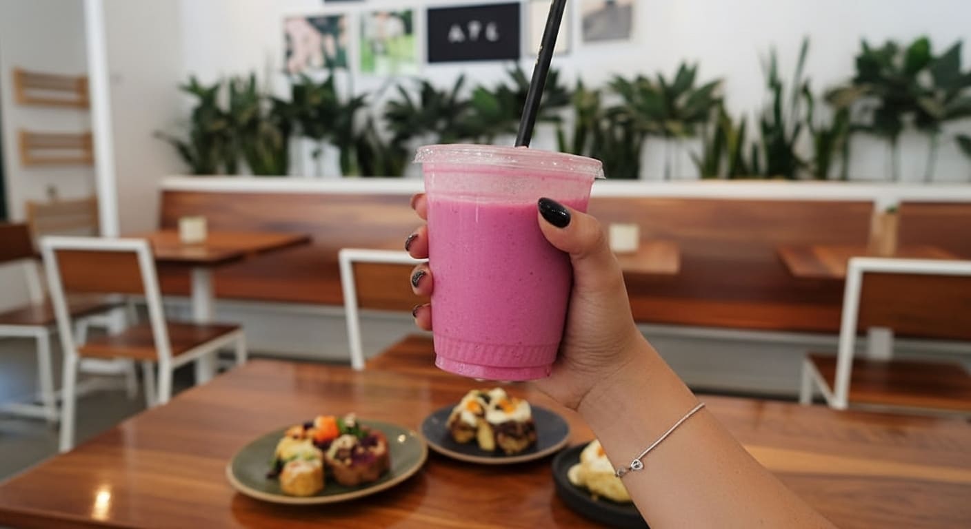 Vibrant strawberry smoothie and healthy meals at Upbeet with plant-filled modern interior and small dessert bites