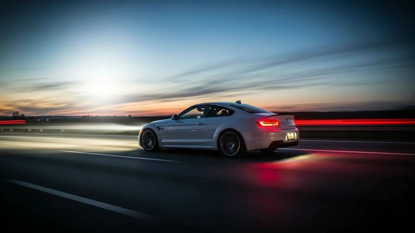 Performance car racing on highway at sunset is best street for car speeding in Nashville during twilight hours on interstate