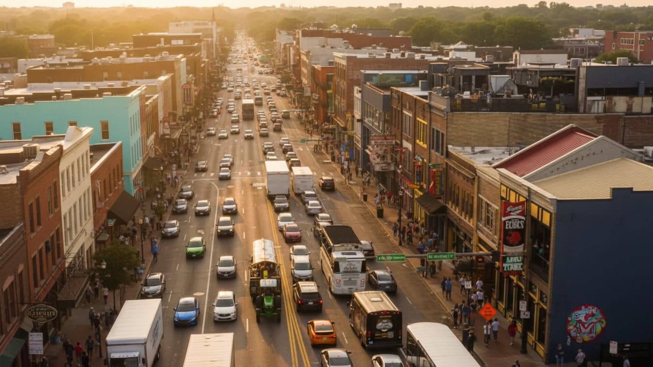 Downtown Nashville street traffic during daytime with busy roads and pedestrians facing speeding risks in urban areas