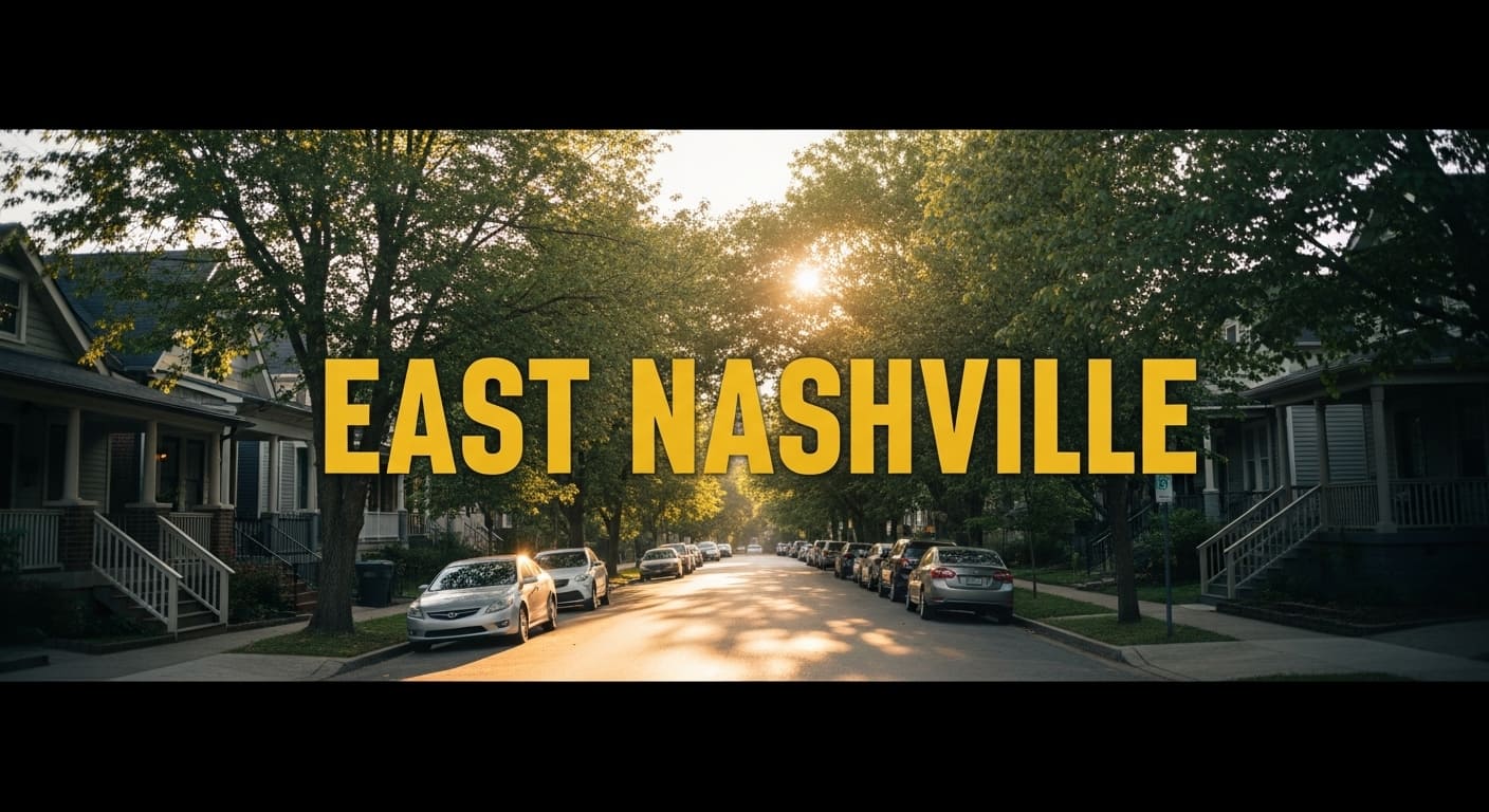 Quiet tree-lined street in East Nashville safe neighborhoods with classic bungalows, parked cars, and welcoming front porches