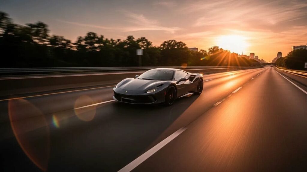 High performance sports car speeding at sunrise on Nashville highway demonstrates dangerous high speed driving on empty morning roads