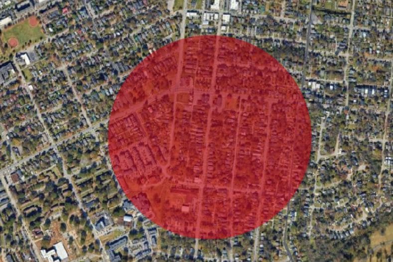 Google Maps satellite view with red circular overlay marking East Nashville crime by neighborhood in high risk zone