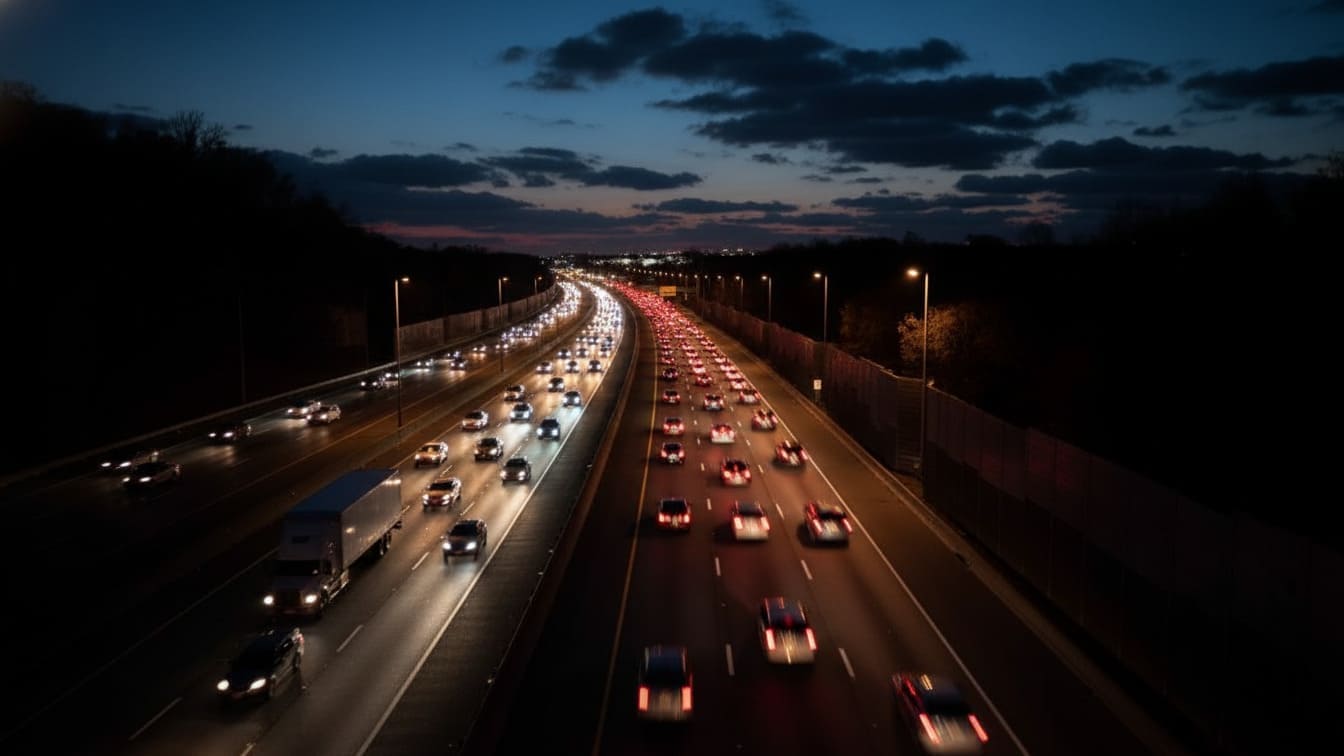 Nashville interstate traffic at dusk showing heavy vehicle flow on highways where speeding creates dangerous driving conditions