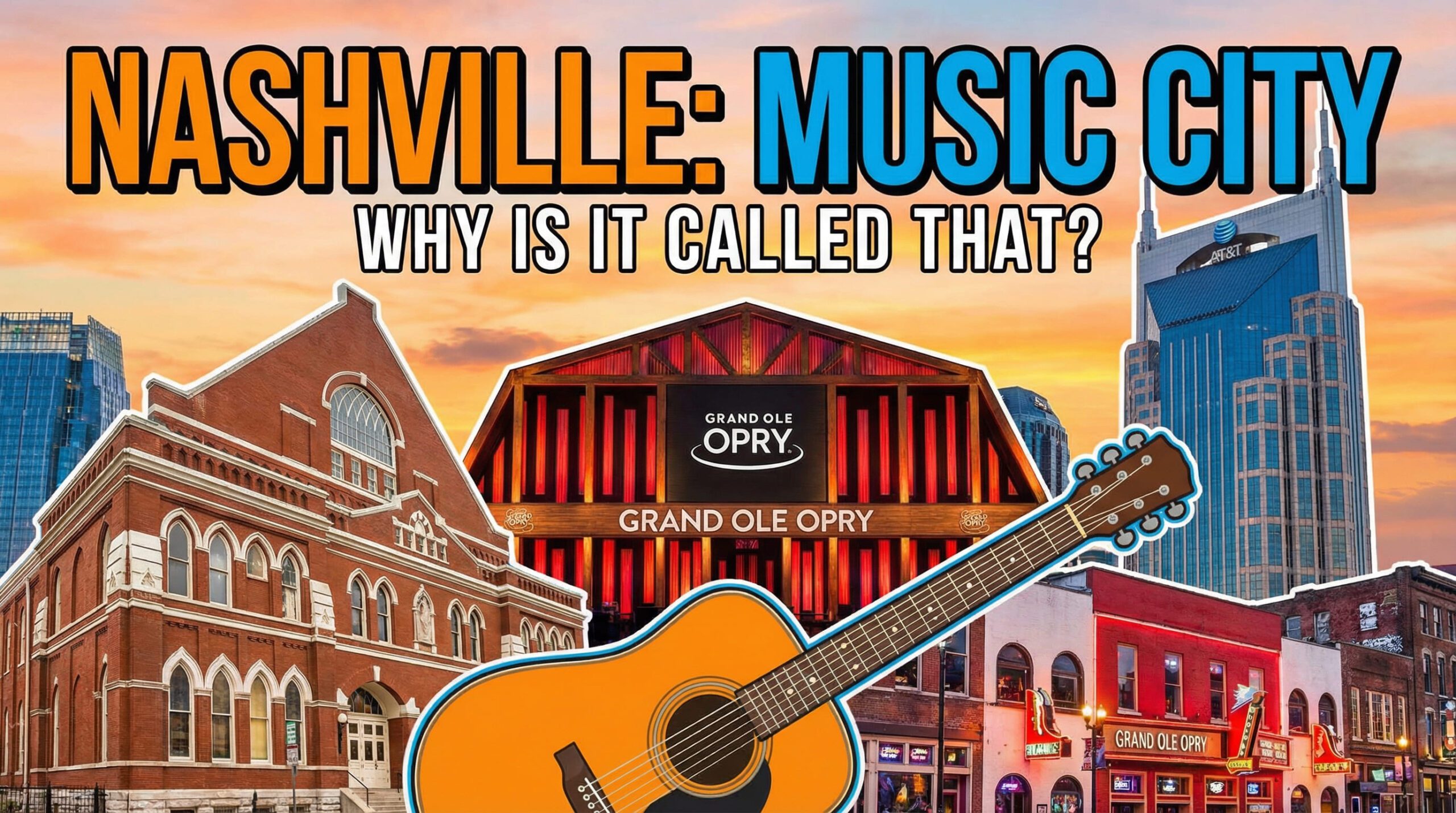 Illustrated landmarks showing why Nashville is called Music City with Ryman Auditorium, ole Opry and nashville skyline
