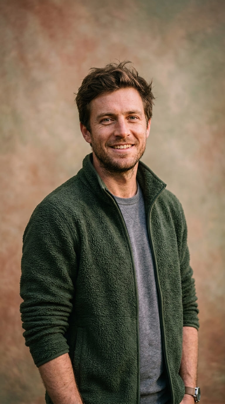 Avery Cole in green fleece jacket smiling outdoors against a warm earthy Tennessee background