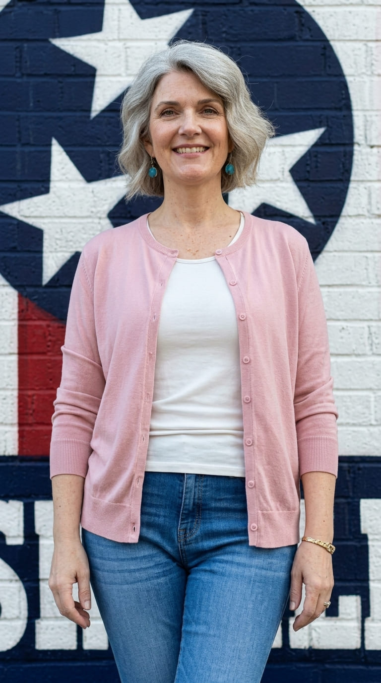 Clara Bennett in pink cardigan standing in front of Tennessee state flag mural in Nashville