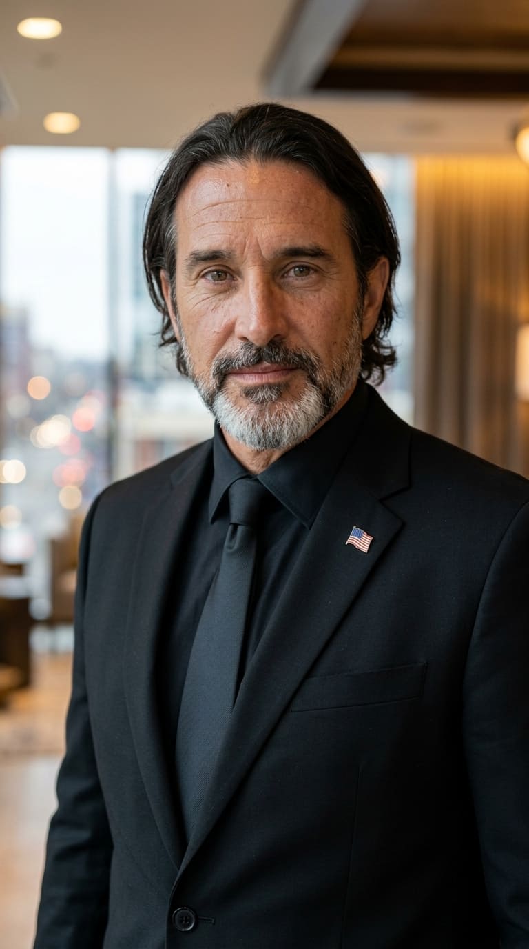 Nashville founder Ethan Marsh in black suit at Music City venue with city lights glowing behind him