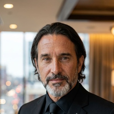 Nashville founder Ethan Marsh in black suit at Music City venue with city lights glowing behind him