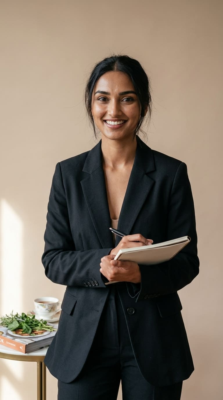 Priya Patel smiling with notebook and cookbook beside her in a warm Nashville kitchen setting