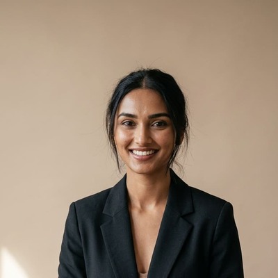 Priya Patel smiling with notebook and cookbook beside her in a warm Nashville kitchen setting