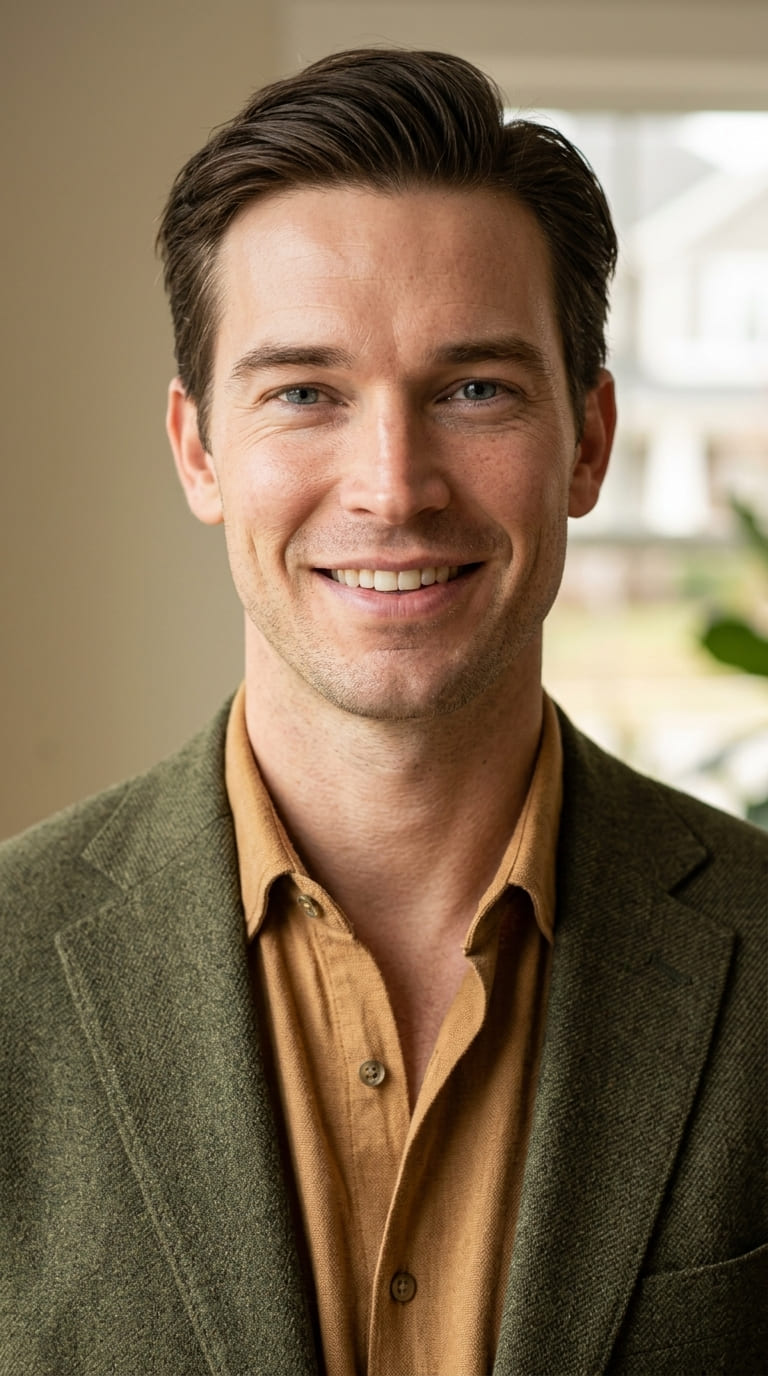 Ronan Hale in olive blazer smiling warmly inside a Nashville home with natural window light