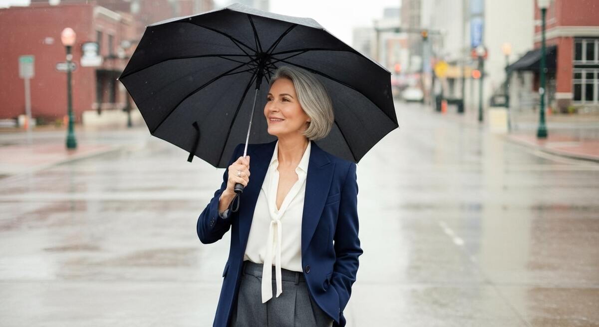 A smiling woman holding a black umbrella while enjoying rainy day activities in Nashville on a quiet wet city street